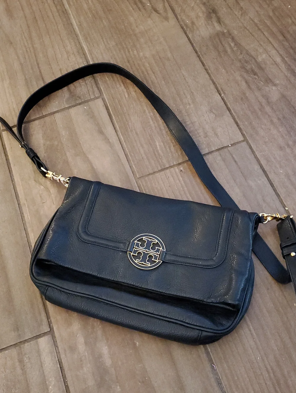 Tory Burch Black Leather Crossbody with Gold Logo Medallion